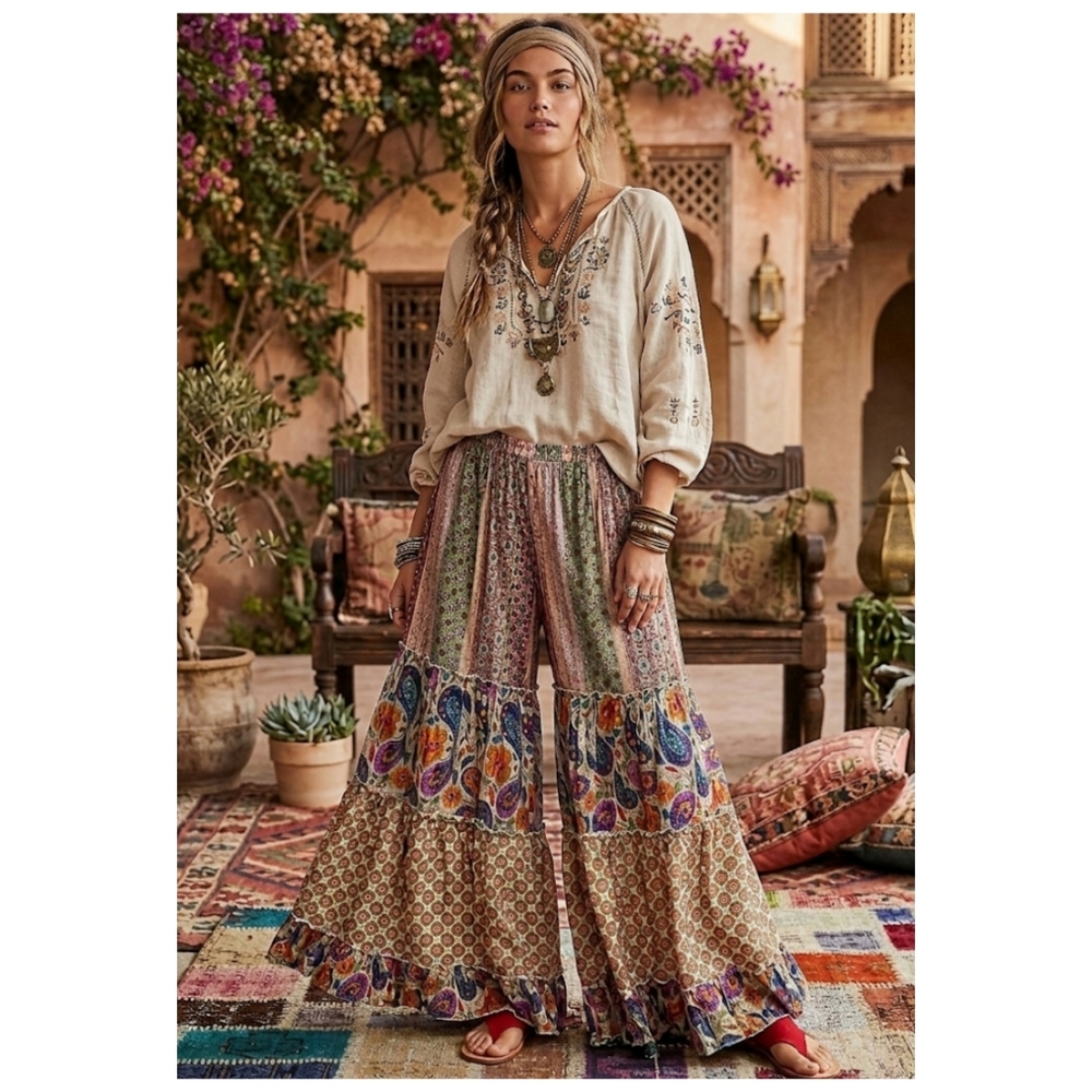 POL Boho Wide-Leg Palazzo Patchwork Pants - Beige, Green & Multicolor - Picture 7 of 7
